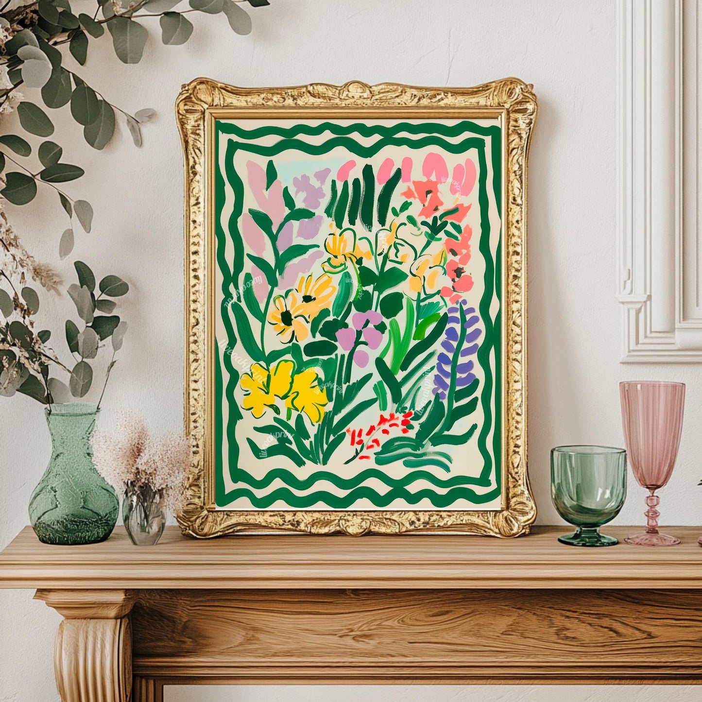 Green Funky Flowers Art Print: Pastel Maximalist Wall Decor For Bedroom Living Room