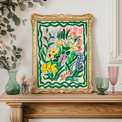 Green Funky Flowers Art Print: Pastel Maximalist Wall Decor For Bedroom Living Room