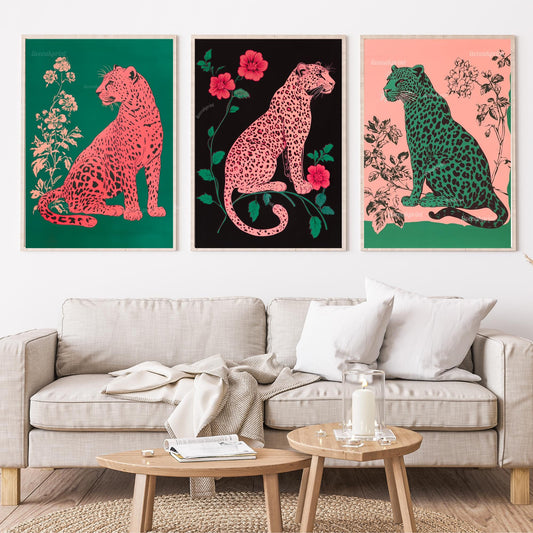 Bold Leopard Set Of Three Art Prints: Pink and Green Maximalist Art Trio Set of Prints