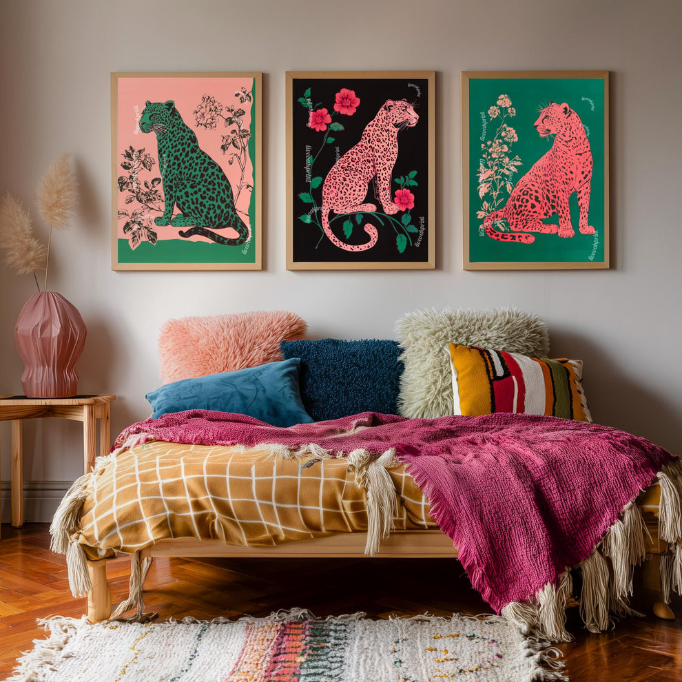 Bold Leopard Set Of Three Art Prints: Pink and Green Maximalist Art Trio Set of Prints