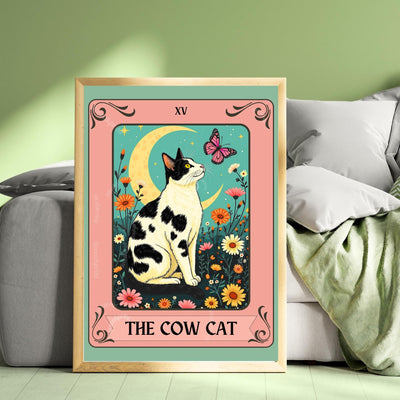 Cow Cat Tarot Card Wall Art – Cow Cat Artwork Black and White Cat Poster Witchy Cat Decor Moo Cat Wall Art Gift Cow Cat Gift Idea