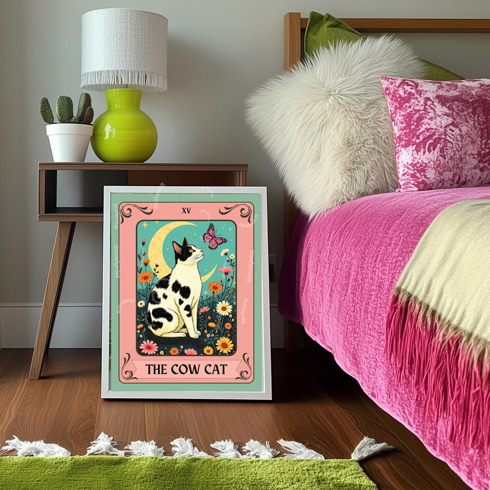 Cow Cat Tarot Card Wall Art – Cow Cat Artwork Black and White Cat Poster Witchy Cat Decor Moo Cat Wall Art Gift Cow Cat Gift Idea