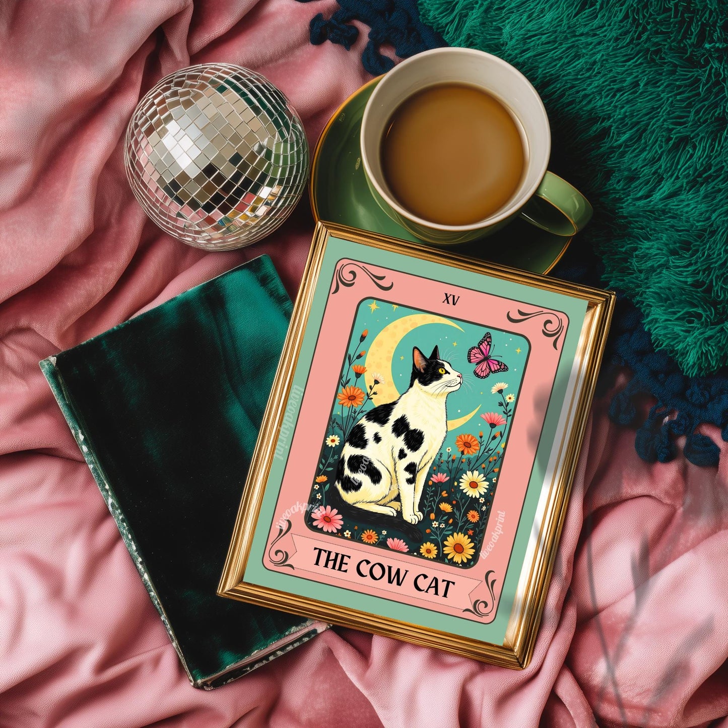 Cow Cat Tarot Card Wall Art – Cow Cat Artwork Black and White Cat Poster Witchy Cat Decor Moo Cat Wall Art Gift Cow Cat Gift Idea
