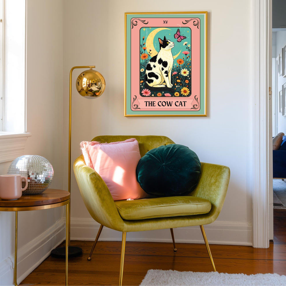 Cow Cat Tarot Card Wall Art – Cow Cat Artwork Black and White Cat Poster Witchy Cat Decor Moo Cat Wall Art Gift Cow Cat Gift Idea