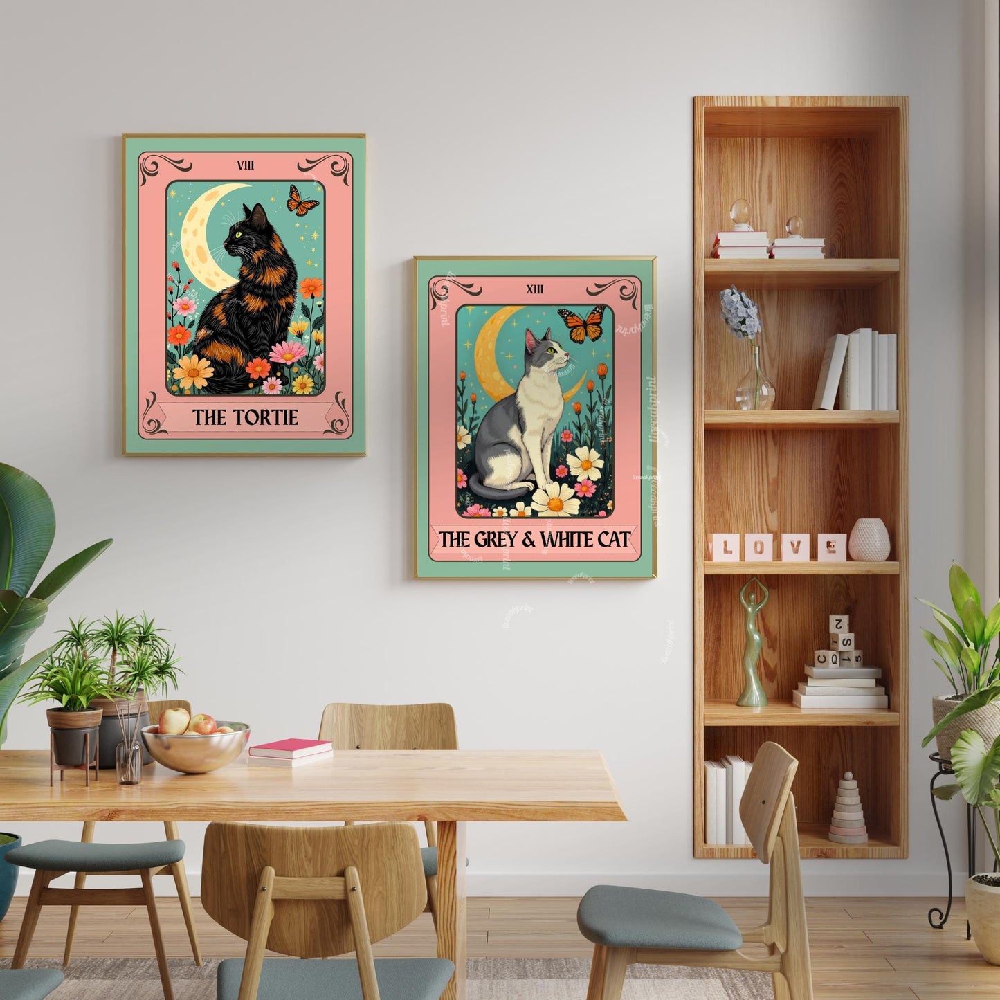 Grey and White Cat Tarot Card Wall Art - Witchy Cat Poster Whimsical Cat Lover Gift White and Gray Cat Wall Art