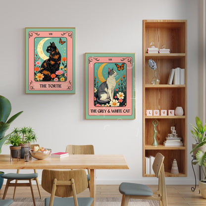 Grey and White Cat Tarot Card Wall Art - Witchy Cat Poster Whimsical Cat Lover Gift White and Gray Cat Wall Art