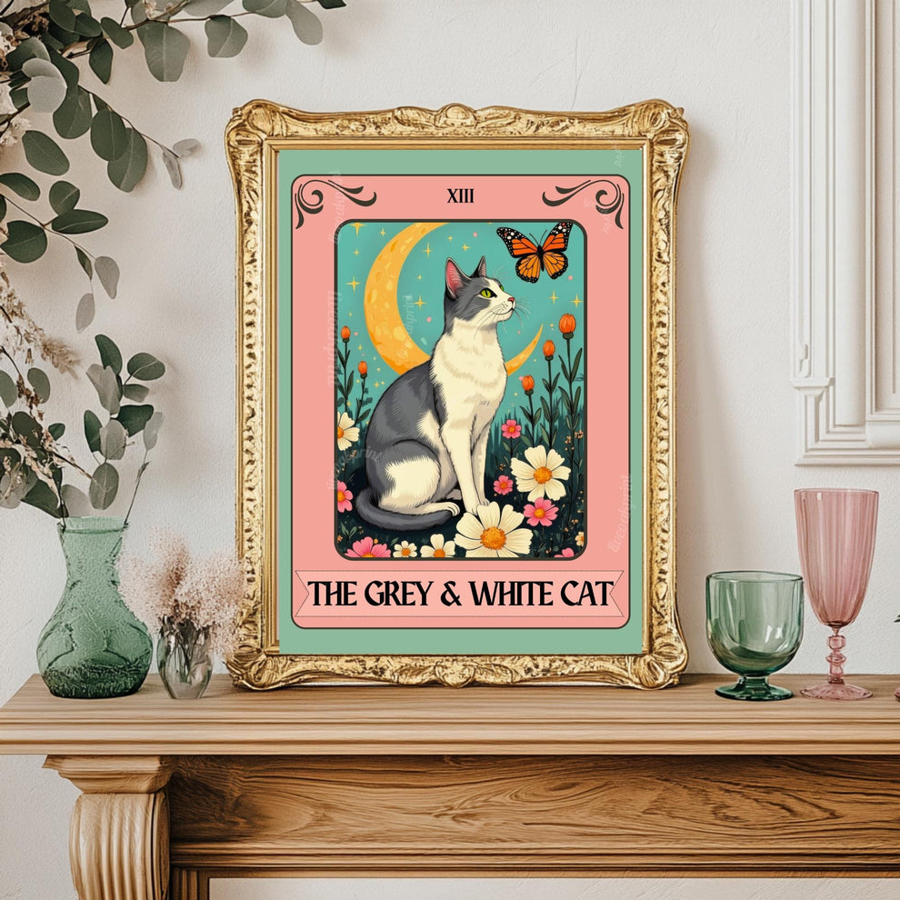 Grey and White Cat Tarot Card Wall Art - Witchy Cat Poster Whimsical Cat Lover Gift White and Gray Cat Wall Art