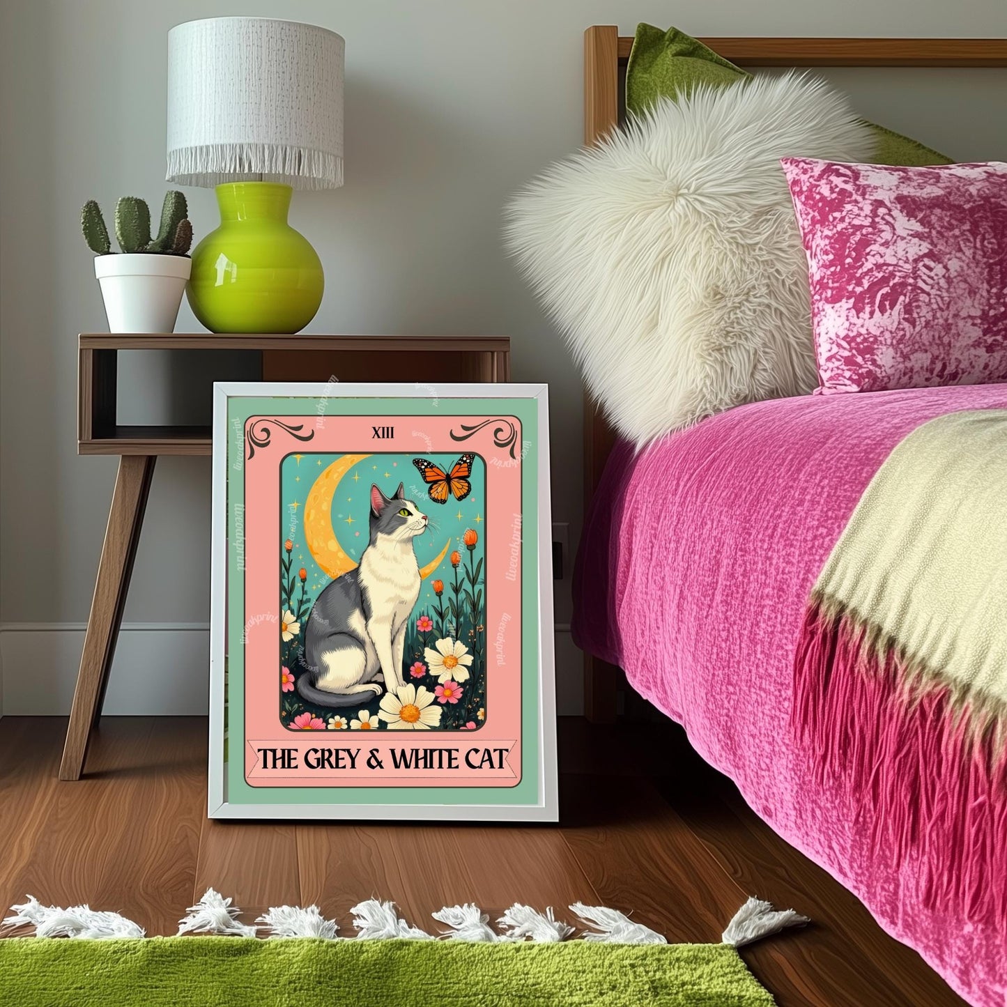 Grey and White Cat Tarot Card Wall Art - Witchy Cat Poster Whimsical Cat Lover Gift White and Gray Cat Wall Art