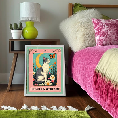 Grey and White Cat Tarot Card Wall Art - Witchy Cat Poster Whimsical Cat Lover Gift White and Gray Cat Wall Art