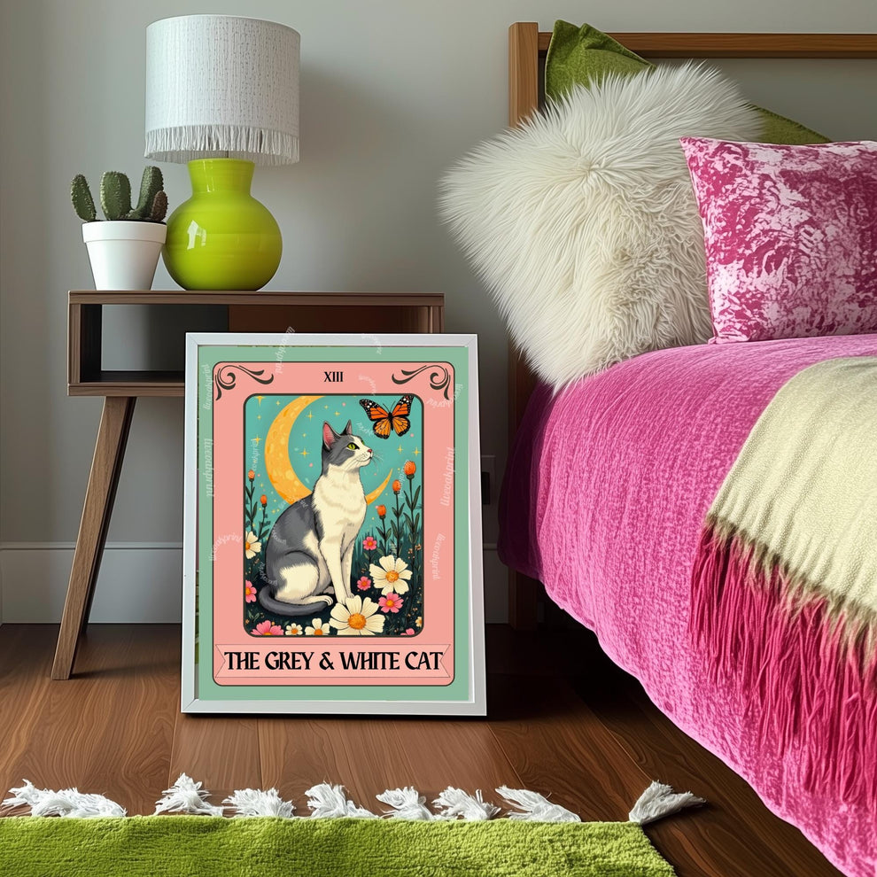 Grey and White Cat Tarot Card Wall Art - Witchy Cat Poster Whimsical Cat Lover Gift White and Gray Cat Wall Art
