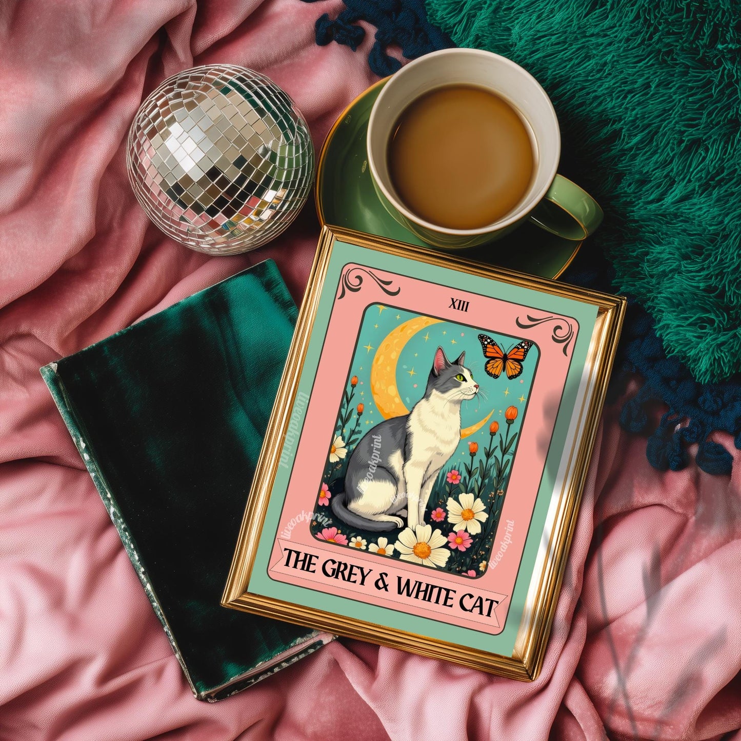 Grey and White Cat Tarot Card Wall Art - Witchy Cat Poster Whimsical Cat Lover Gift White and Gray Cat Wall Art