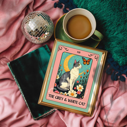 Grey and White Cat Tarot Card Wall Art - Witchy Cat Poster Whimsical Cat Lover Gift White and Gray Cat Wall Art