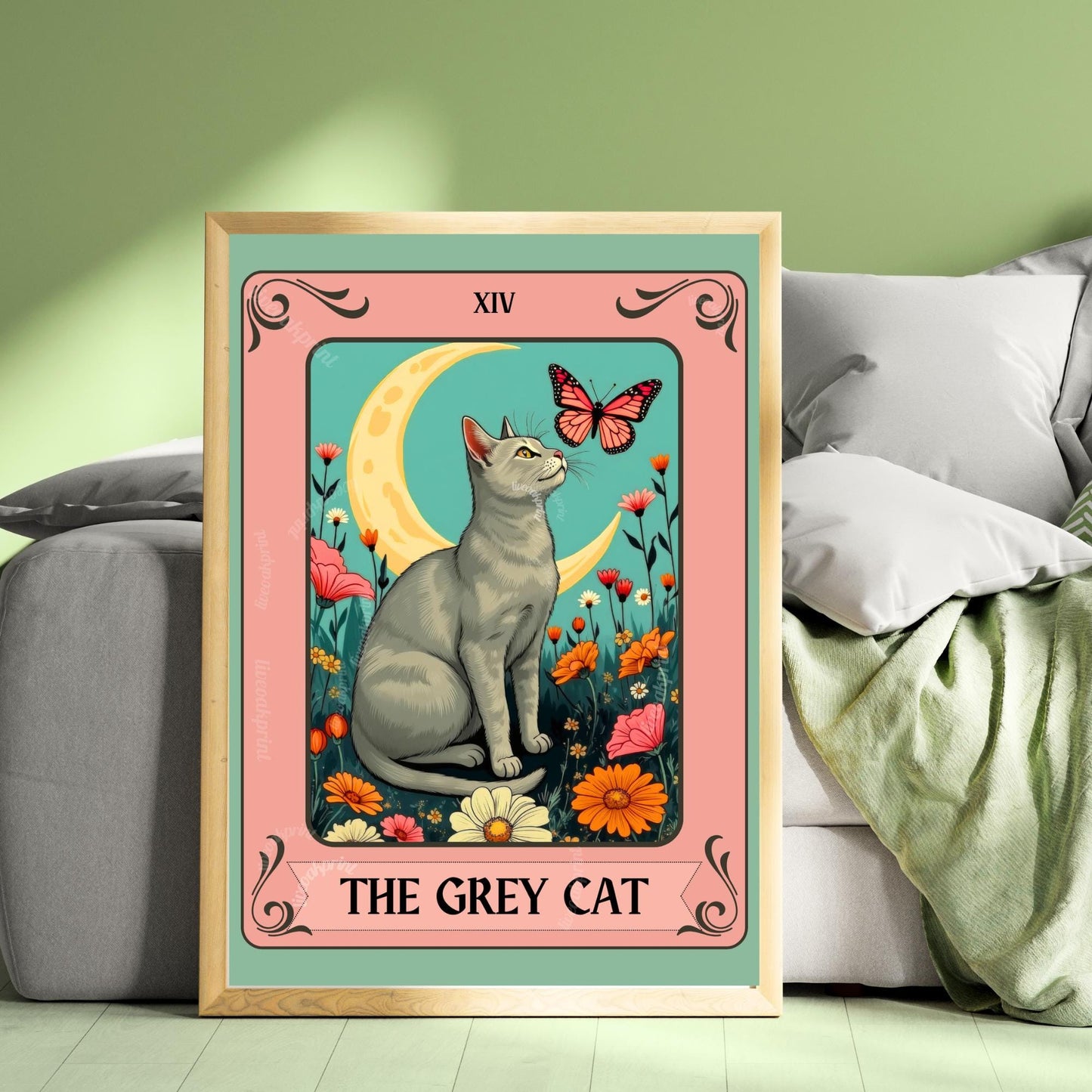 Gray Cat Tarot Card Wall Art (Solid Gray Cat) - Witchy Cat Poster Whimsical Cat Lover Gift White and Gray Cat Wall Art