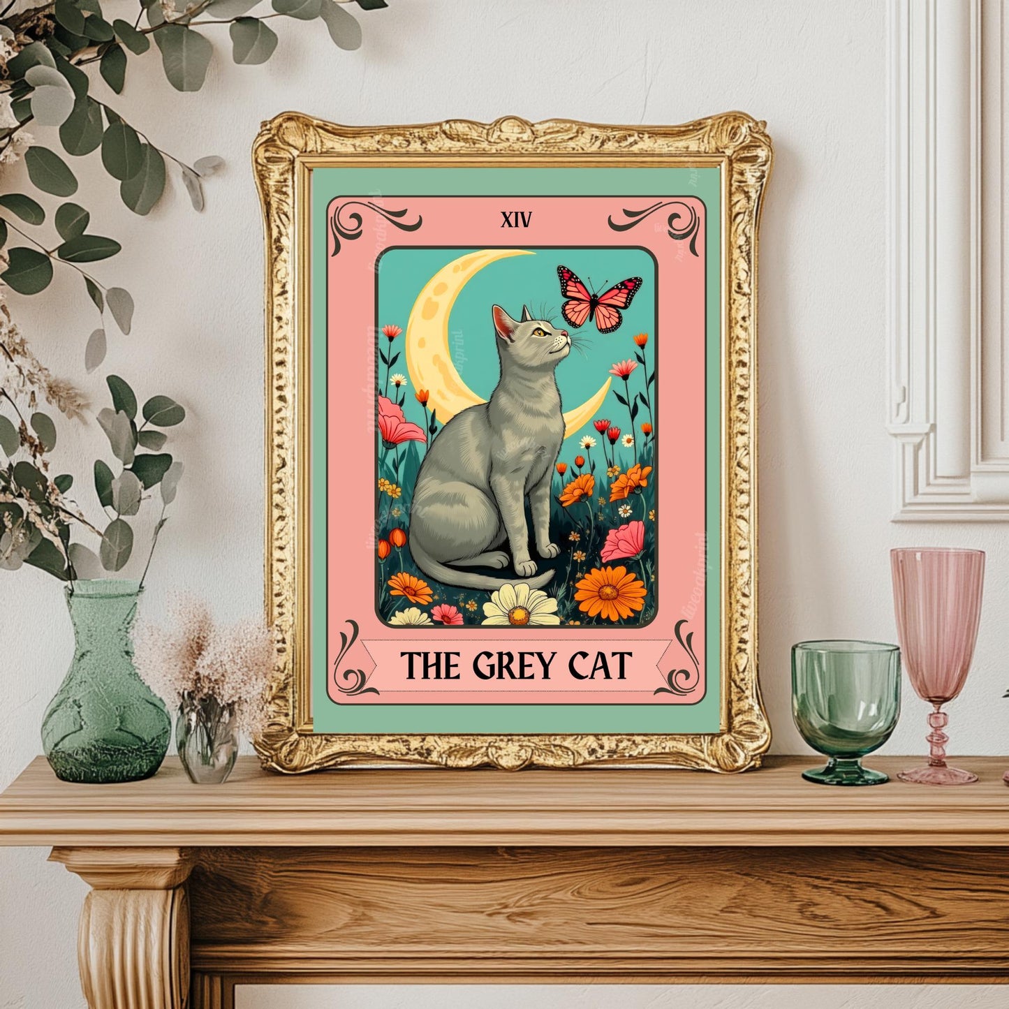 Gray Cat Tarot Card Wall Art (Solid Gray Cat) - Witchy Cat Poster Whimsical Cat Lover Gift White and Gray Cat Wall Art