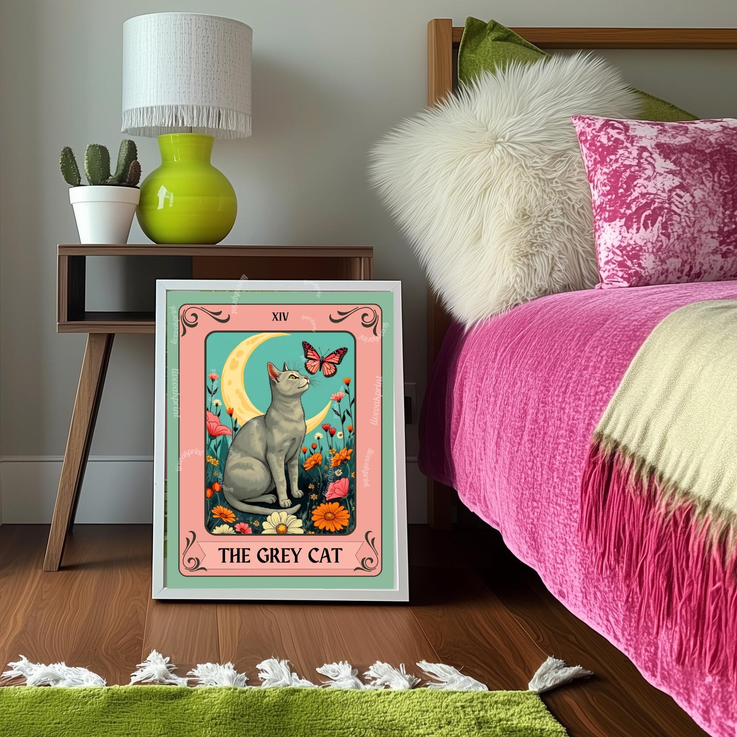 Gray Cat Tarot Card Wall Art (Solid Gray Cat) - Witchy Cat Poster Whimsical Cat Lover Gift White and Gray Cat Wall Art