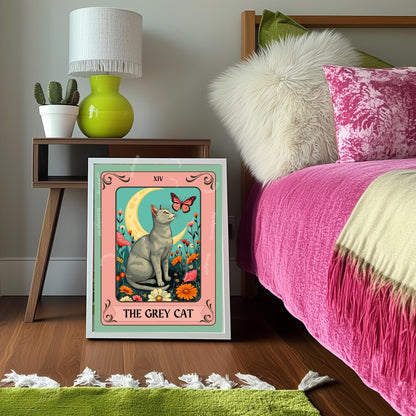 Gray Cat Tarot Card Wall Art (Solid Gray Cat) - Witchy Cat Poster Whimsical Cat Lover Gift White and Gray Cat Wall Art