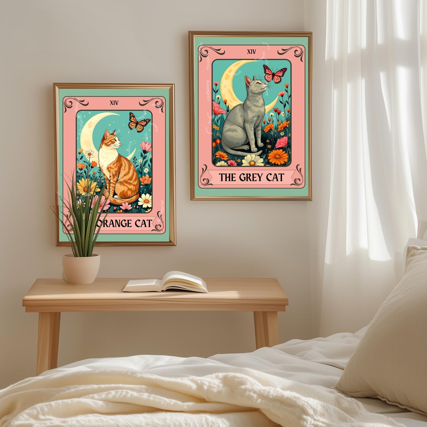 Gray Cat Tarot Card Wall Art (Solid Gray Cat) - Witchy Cat Poster Whimsical Cat Lover Gift White and Gray Cat Wall Art