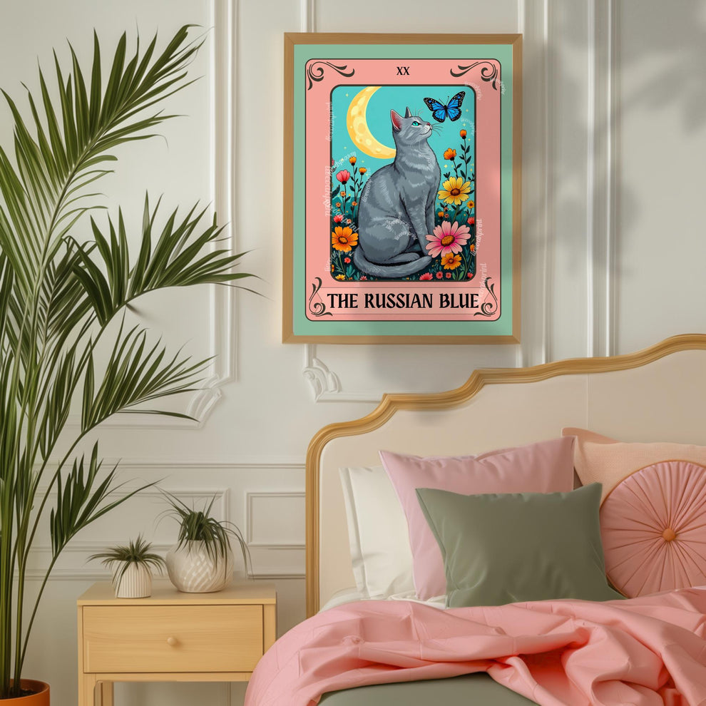 Russian Blue Cat Tarot Card Wall Art – Witchy Gray Cat Poster Boho Cat Lover Gift Russian Blue Cat Gift Ideas