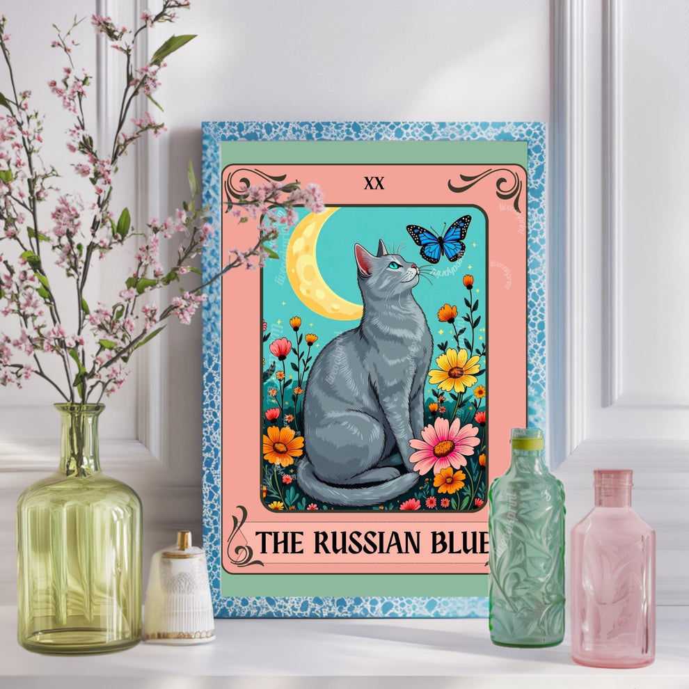 Russian Blue Cat Tarot Card Wall Art – Witchy Gray Cat Poster Boho Cat Lover Gift Russian Blue Cat Gift Ideas