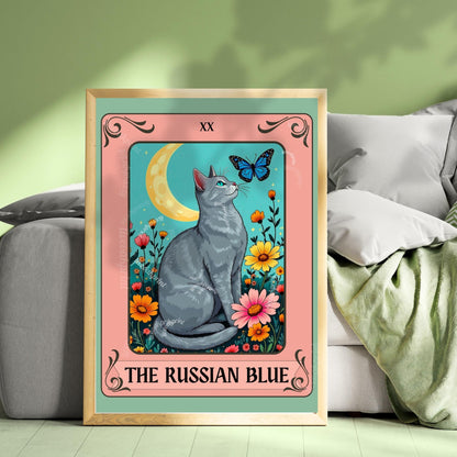 Russian Blue Cat Tarot Card Wall Art – Witchy Gray Cat Poster Boho Cat Lover Gift Russian Blue Cat Gift Ideas