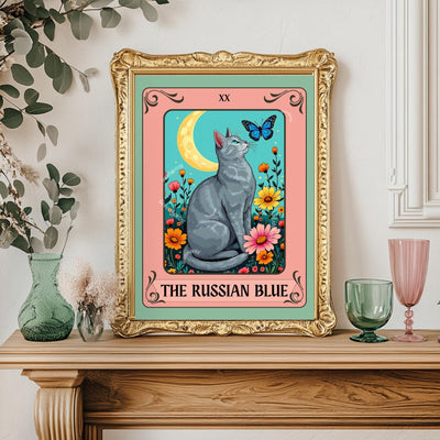 Russian Blue Cat Tarot Card Wall Art – Witchy Gray Cat Poster Boho Cat Lover Gift Russian Blue Cat Gift Ideas