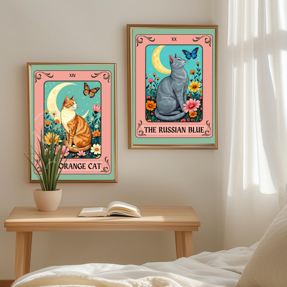 Russian Blue Cat Tarot Card Wall Art – Witchy Gray Cat Poster Boho Cat Lover Gift Russian Blue Cat Gift Ideas