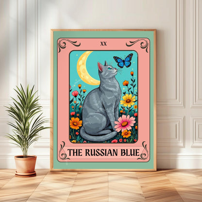 Russian Blue Cat Tarot Card Wall Art – Witchy Gray Cat Poster Boho Cat Lover Gift Russian Blue Cat Gift Ideas