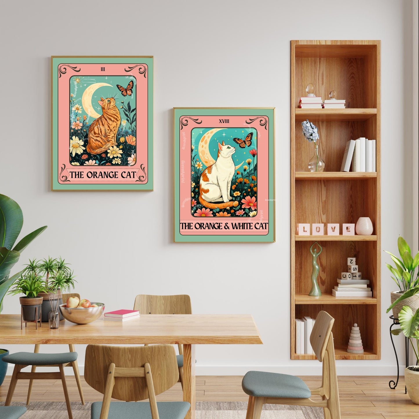 Orange and White Cat Tarot Card Print – Witchy Botanical Cat Wall Art Cat Lover Gift White and Orange Cat Artwork Bicolor Orange Cat