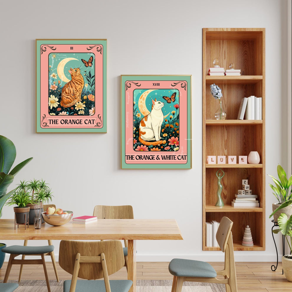 Orange and White Cat Tarot Card Print – Witchy Botanical Cat Wall Art Cat Lover Gift White and Orange Cat Artwork Bicolor Orange Cat