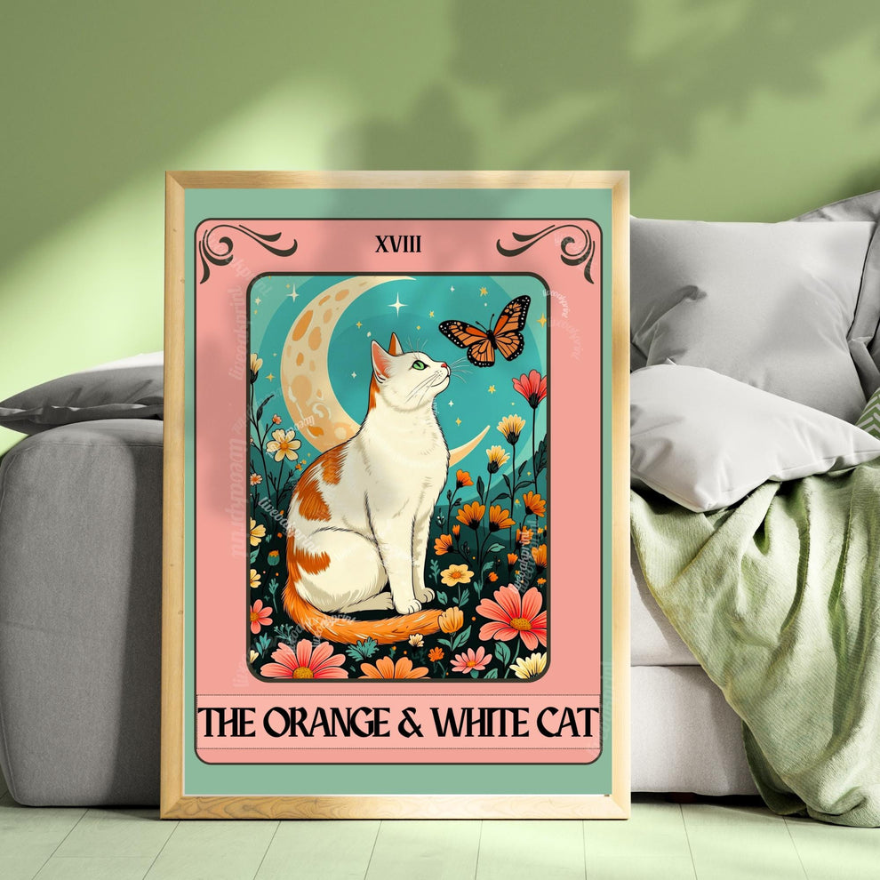 Orange and White Cat Tarot Card Print – Witchy Botanical Cat Wall Art Cat Lover Gift White and Orange Cat Artwork Bicolor Orange Cat