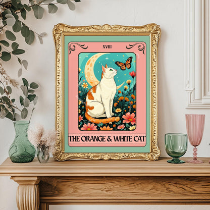Orange and White Cat Tarot Card Print – Witchy Botanical Cat Wall Art Cat Lover Gift White and Orange Cat Artwork Bicolor Orange Cat