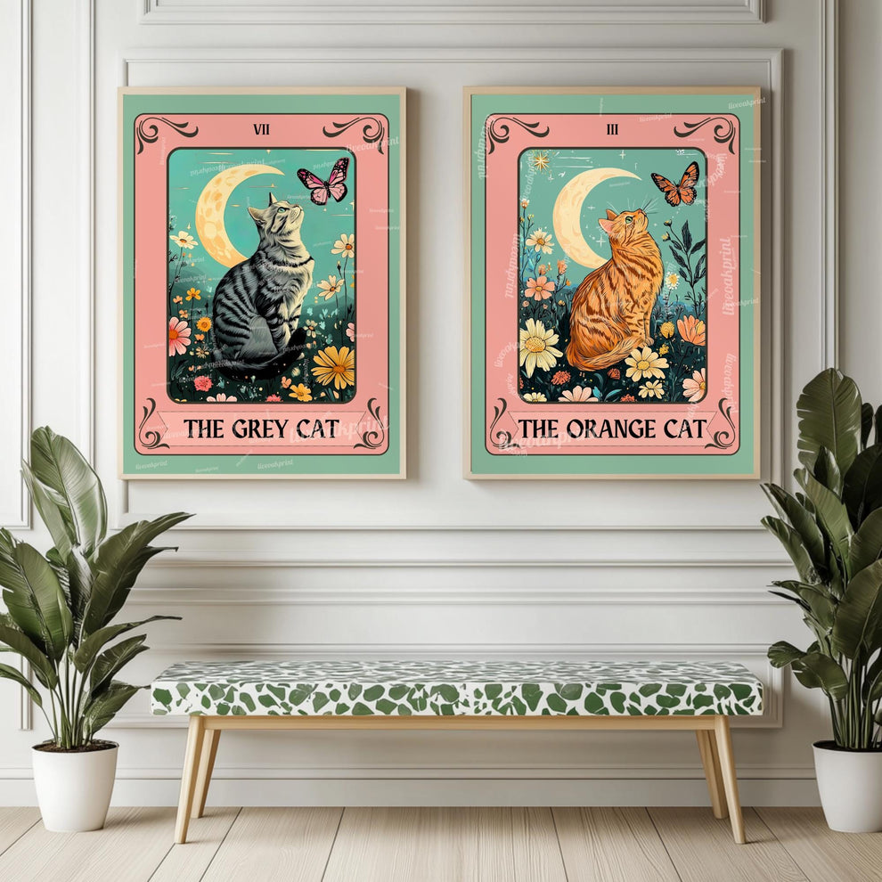 Gray Cat Tarot Card – Gray Cat Wall Decor Witchy Botanical Cat Poster Boho Cat Lover Gift Gray Cat Gift