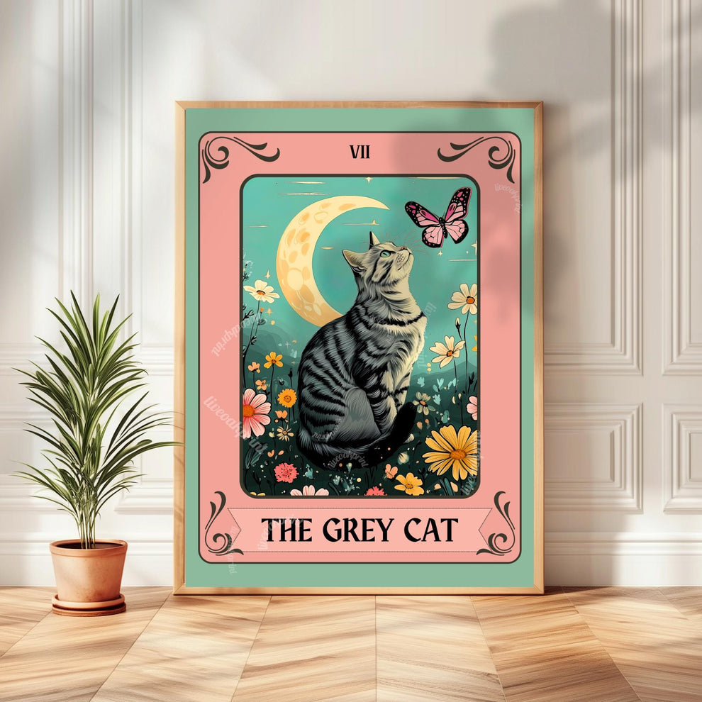 Gray Cat Tarot Card – Gray Cat Wall Decor Witchy Botanical Cat Poster Boho Cat Lover Gift Gray Cat Gift