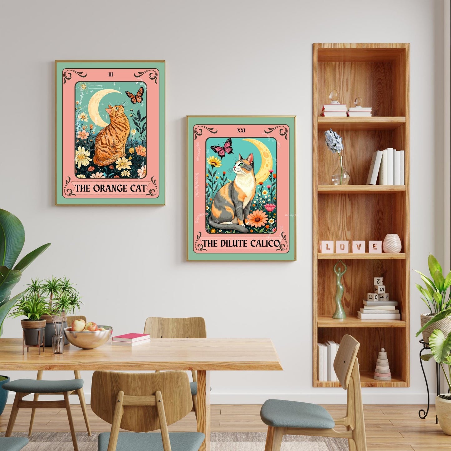 Dilute Calico Cat Tarot Card – Botanical Cat Wall Art Boho Cat Lover Gift Dilute Calico Wall Art