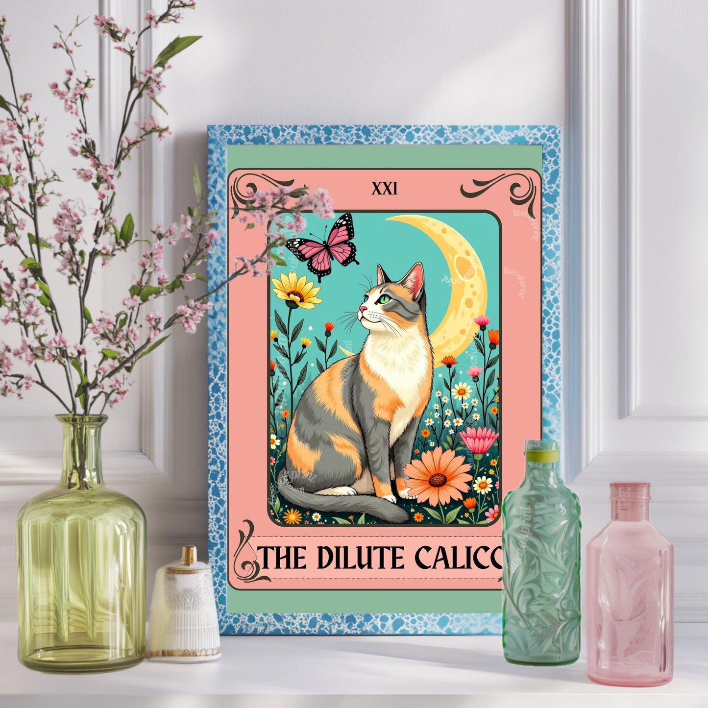 Dilute Calico Cat Tarot Card – Botanical Cat Wall Art Boho Cat Lover Gift Dilute Calico Wall Art