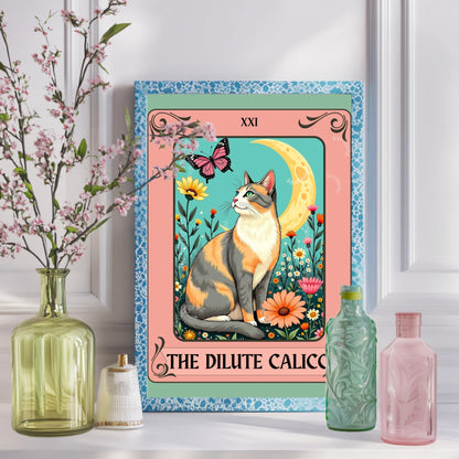 Dilute Calico Cat Tarot Card – Botanical Cat Wall Art Boho Cat Lover Gift Dilute Calico Wall Art