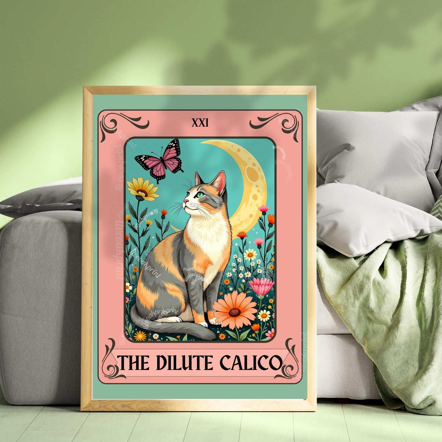 Dilute Calico Cat Tarot Card – Botanical Cat Wall Art Boho Cat Lover Gift Dilute Calico Wall Art