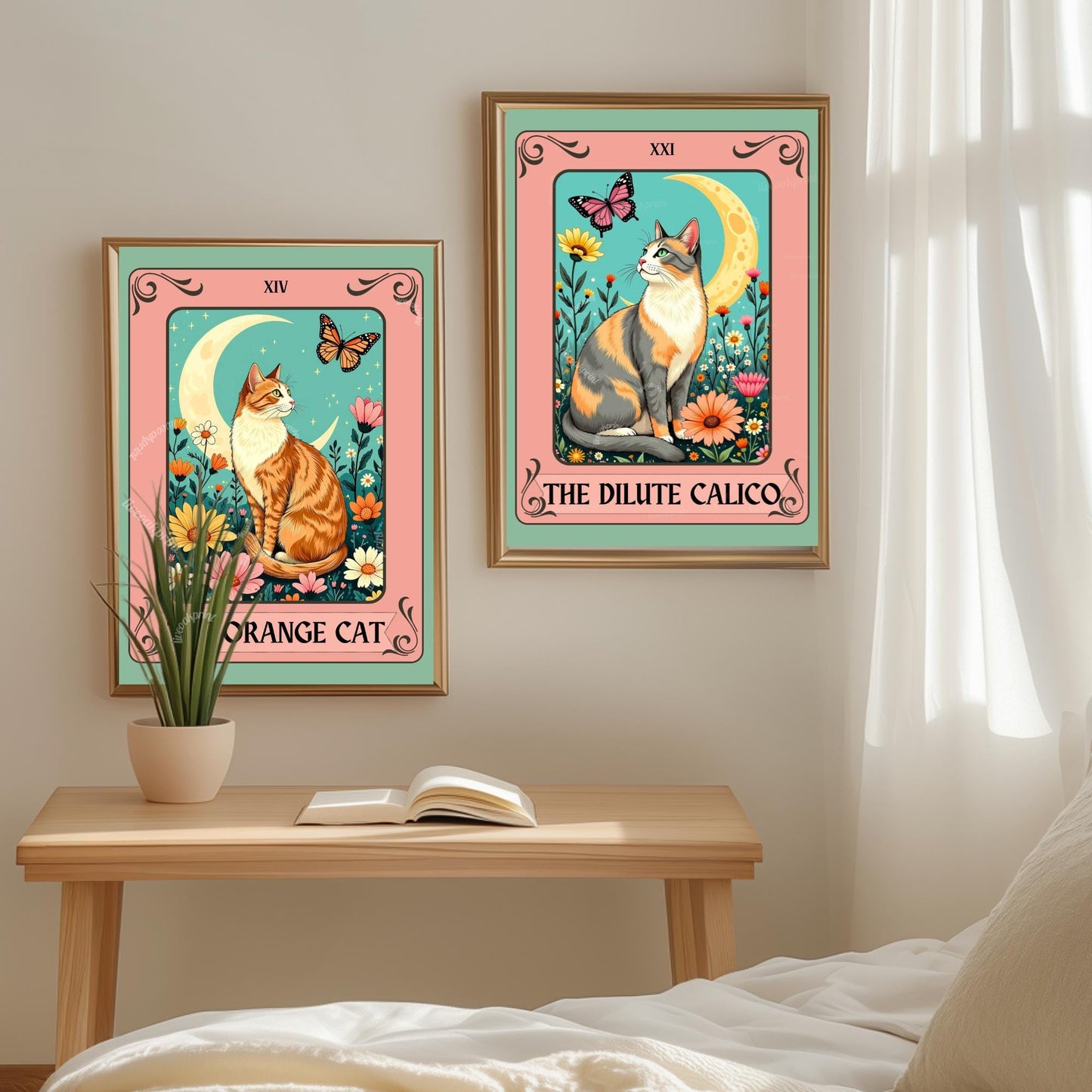 Dilute Calico Cat Tarot Card – Botanical Cat Wall Art Boho Cat Lover Gift Dilute Calico Wall Art