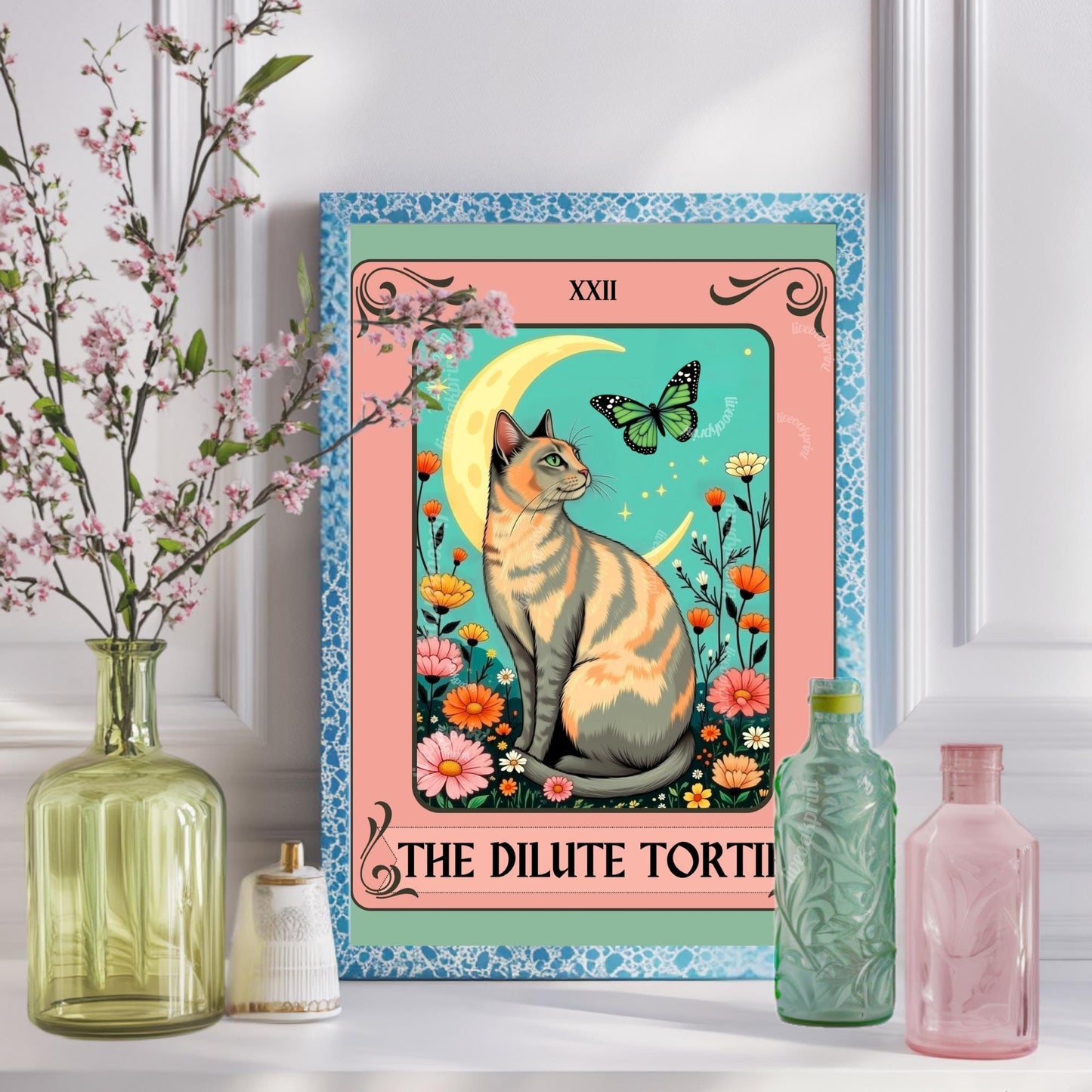 Dilute Tortie Cat Tarot Card – Dilute Tortoiseshell Cat Wall Art Botanical Cat Wall Art Boho Cat Lover Gift Wall Art Dilute Tortie Art Print