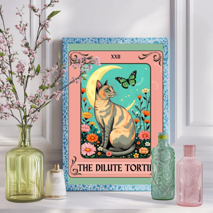 Dilute Tortie Cat Tarot Card – Dilute Tortoiseshell Cat Wall Art Botanical Cat Wall Art Boho Cat Lover Gift Wall Art Dilute Tortie Art Print
