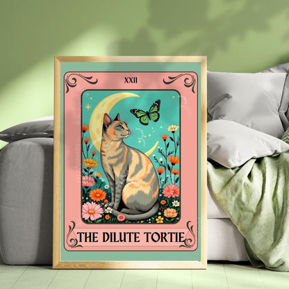 Dilute Tortie Cat Tarot Card – Dilute Tortoiseshell Cat Wall Art Botanical Cat Wall Art Boho Cat Lover Gift Wall Art Dilute Tortie Art Print