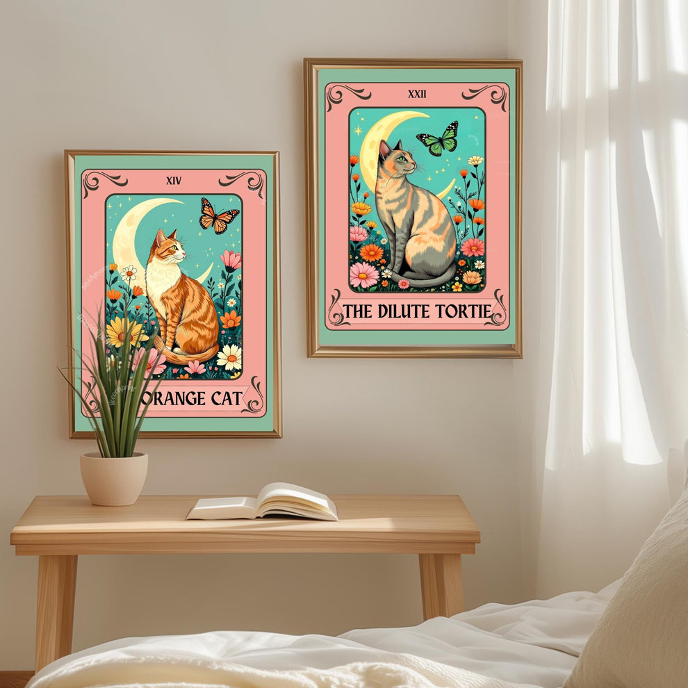 Dilute Tortie Cat Tarot Card – Dilute Tortoiseshell Cat Wall Art Botanical Cat Wall Art Boho Cat Lover Gift Wall Art Dilute Tortie Art Print
