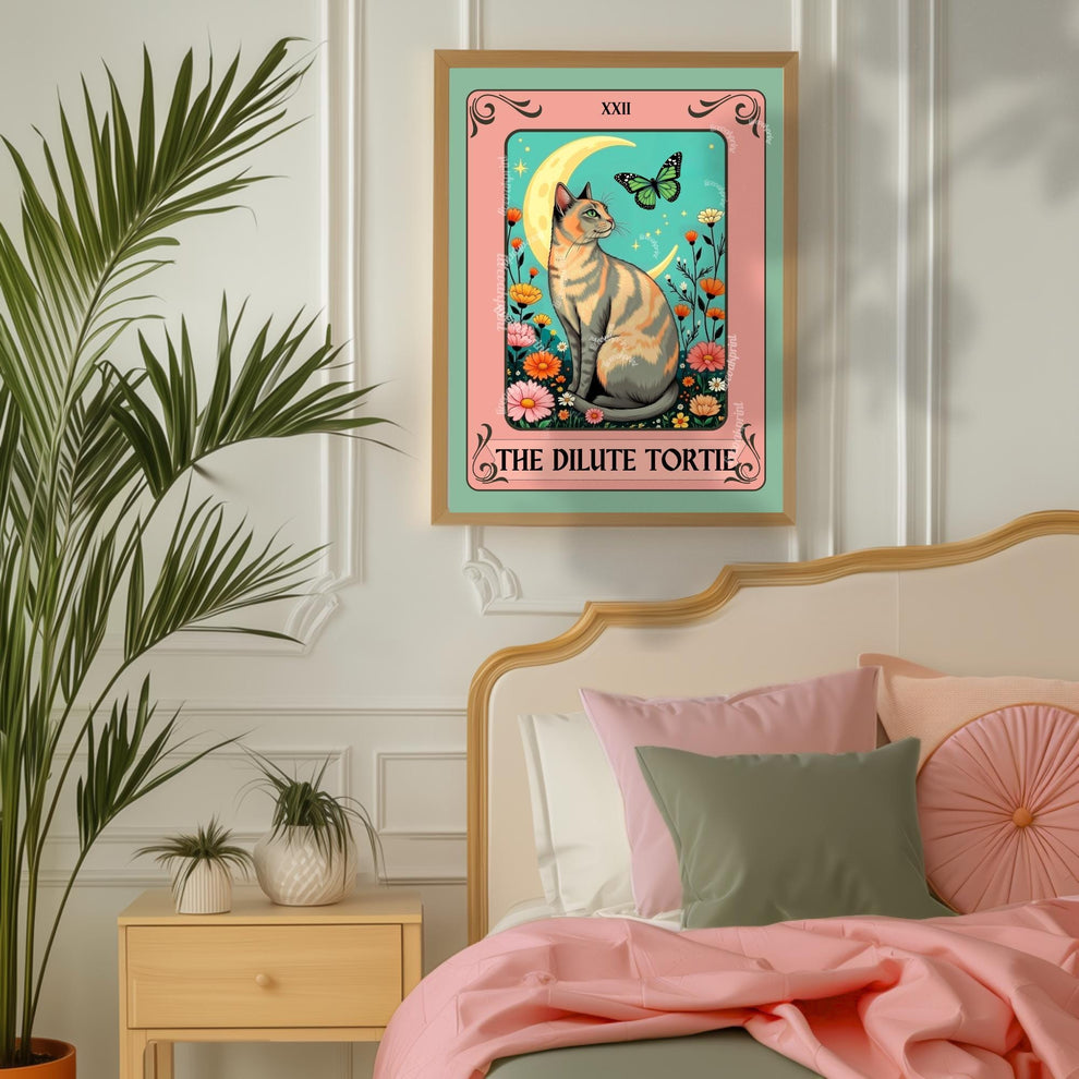 Dilute Tortie Cat Tarot Card – Dilute Tortoiseshell Cat Wall Art Botanical Cat Wall Art Boho Cat Lover Gift Wall Art Dilute Tortie Art Print