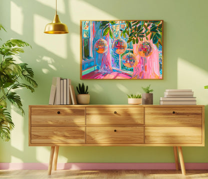Horizontal Blue and Pink Disco Balls Print - Horizontal Disco Wall Art Maximalist Art Print for Over Couch or Over Bed Colorful