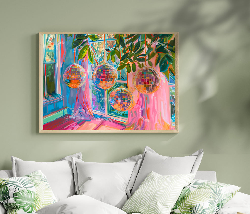 Horizontal Blue and Pink Disco Balls Print - Horizontal Disco Wall Art Maximalist Art Print for Over Couch or Over Bed Colorful