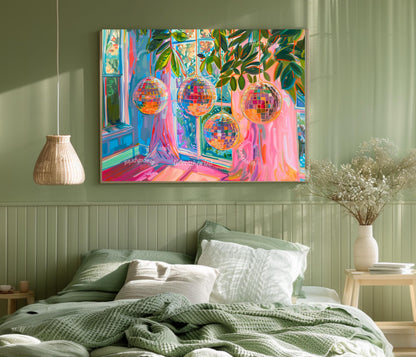 Horizontal Blue and Pink Disco Balls Print - Horizontal Disco Wall Art Maximalist Art Print for Over Couch or Over Bed Colorful