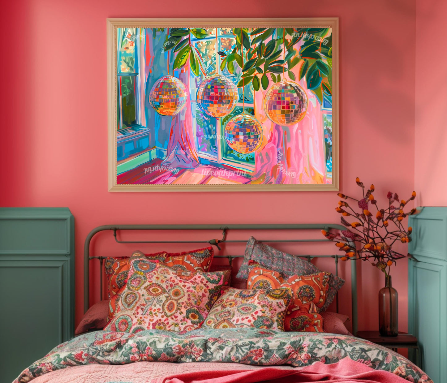 Horizontal Blue and Pink Disco Balls Print - Horizontal Disco Wall Art Maximalist Art Print for Over Couch or Over Bed Colorful