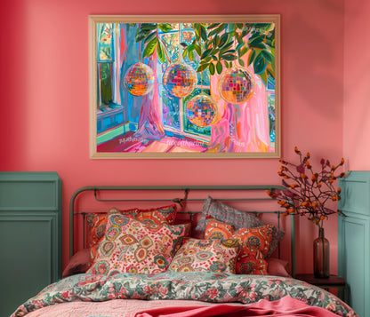 Horizontal Blue and Pink Disco Balls Print - Horizontal Disco Wall Art Maximalist Art Print for Over Couch or Over Bed Colorful