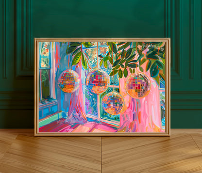 Horizontal Blue and Pink Disco Balls Print - Horizontal Disco Wall Art Maximalist Art Print for Over Couch or Over Bed Colorful