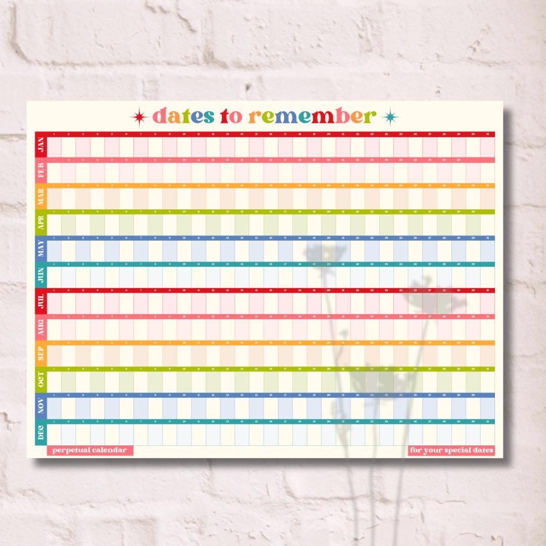 2026 One Page Perpetual Calendar - Large Undated Poster Planner Yearly Wall Calendar Year At A Glance Dateless Birthday Calendar